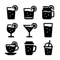 Fruit Infusion Drinkware Icons. Solid, filled icon set of Fruit infusion drinkware: highball glass, lowball glass, mason jar, wine