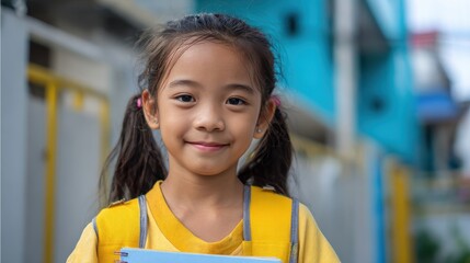 Smiling student girl wearing school backpack and holding exercise book. Portrait of happy asian young girl outside the primary school. Closeup face of smiling hispanic schoolgirl looking at camera., 