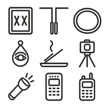 Ghost Hunting Gear Icons. Solid, filled icon set of Ghost hunting gear: spirit slate, dowsing rods, salt circle, protective amulet