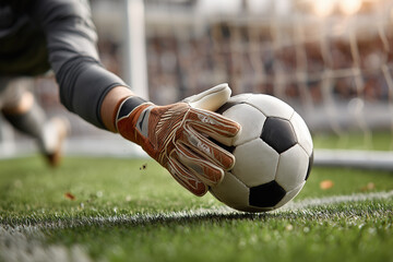 A dynamic close-up shows a goalkeeper's gloved hands in full extension, making a save on a black and white soccer ball, with the goal net subtly blurred in the background.

