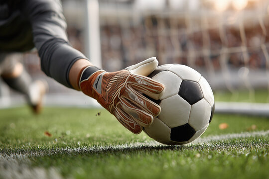 A dynamic close-up shows a goalkeeper's gloved hands in full extension, making a save on a black and white soccer ball, with the goal net subtly blurred in the background.

