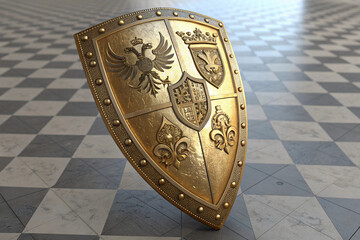 Golden heraldic shield medieval knight protection fantasy armor coat of arms royal emblem crest defense