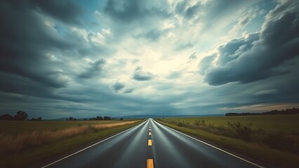 Fototapeta premium A forked country road beneath a dramatic sky, symbolizing life's pivotal choices and paths.