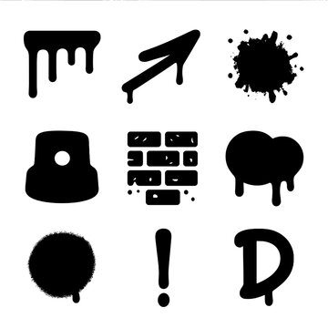 Graffiti Icons Grid. Flat icon set of graffiti drips: paint run, tag drip, stencil splat, spray cap, wall texture, throw-up blob,