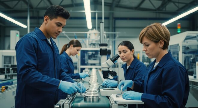 Skilled technicians performing quality control in manufacturing plant.