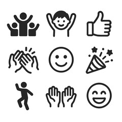 Obraz premium High Five Icon Set. Solid, filled icon set of high five expressions: cheering crowd, happy kid, thumbs up, clapping hands, smiling