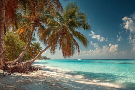 Tropical beach paradise featuring pristine white sand, crystal clear turquoise water, and swaying palm trees in the Maldive Islands on a bright, sunny day