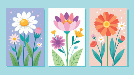 Spring Holiday Floral Card and Poster Set with Hand Drawn Wildflowers Tulips and Daisies, Vector Templates for Women’s Day, Mothers Day, Easter, Birthday, and Seasonal Decoration