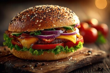 Gourmet seeded burger with tomatoes and cheddar cheese on a dark wooden serving board at dinnertime