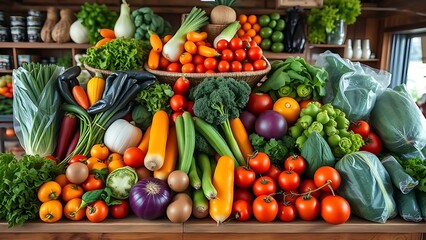 Fresh organic vegetables neatly arranged on a rustic wooden market counter.