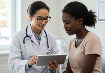 Diverse healthcare professionals collaborating with patients using digital technology for consultations and treatment planning