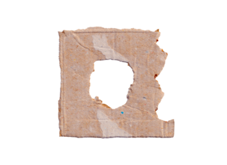 Torn Corrugated Cardboard Piece with Hole on White Background - Isolated Rustic Texture for Design, Packaging, and Overlay