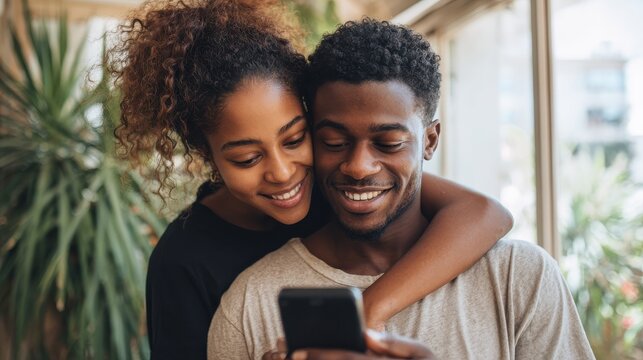 Smiling young couple embracing while looking at smartphone. Multiethnic couple sharing social media on smart phone. Smiling african girl embracing from behind her happy boyfriend while using cellphon