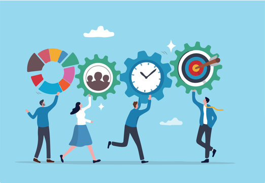 Optimization, improvement or strategy to improve result to increase efficiency or productivity to reach goal or target success, business people connect cogwheel gear to optimize result to reach goal