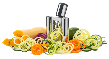 A spiralizer with zucchini squash butternut squash and purple cabbage on a black background on transparent background