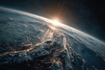 Earth view from space at sunrise with sun rays penetrating clouds, revealing a beautiful atmospheric perspective and the vastness of the cosmos