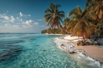 Tropical beach paradise featuring pristine white sand, crystal clear turquoise water, and swaying palm trees in the Maldive Islands on a bright, sunny day