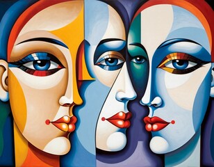 Colorful Abstract Painting of Faces with Geometric Shapes and Bold Patterns