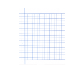 Blank graph paper page from a notebook, featuring blue grid lines and a vertical margin, isolated on a png background with subtle shadow.