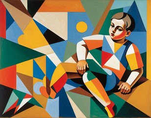 Abstract Geometric Portrait of a Child in Vibrant Colors and Bold Shapes