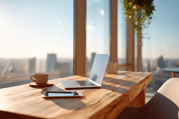 Modern minimalist workspace overlooking a city skyline during sunset