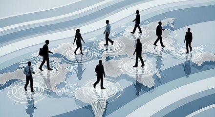 Silhouettes of people walking on a stylized world map with ripple effects around their feet