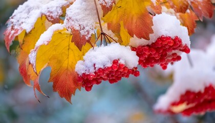 a bush with clusters of ripe red viburnum berries yellow and red autumn leaves lightly dusted by the first snowfall the white snow contrasts with the vibrant colors capturing late autumnrs beauty