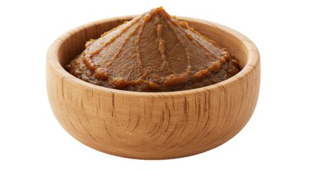 A wooden bowl filled with a mound of brown paste like substance with a peak in the center of the bowl on transparent background