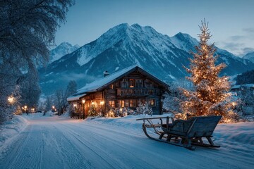Winter evening in the Alps featuring a rustic cabin illuminated by festive lights and a snowy road with a wooden sled, mountains in the background