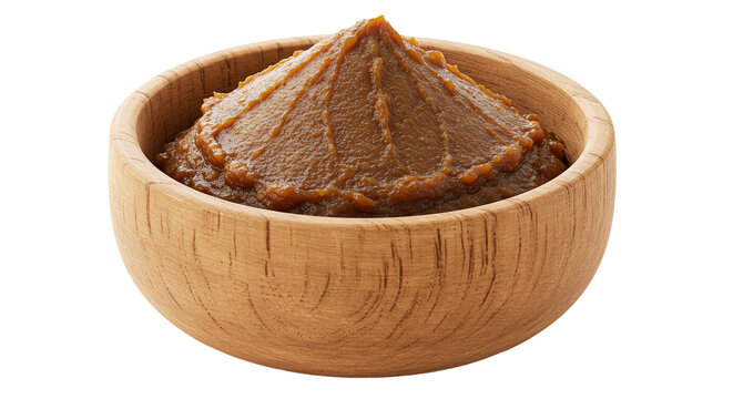 A wooden bowl filled with a mound of brown paste like substance with a peak in the center of the bowl on transparent background