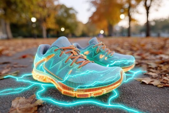 Running trail map displayed in augmented reality overlaid on training shoes in a park