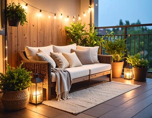 Cozy balcony at dusk, featuring outdoor furniture and string lights