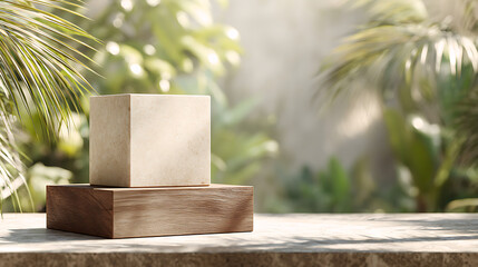 Stone cube on wooden block display with tropical foliage background mockup product