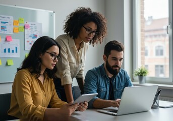 Diverse team collaborating on a project discussing ideas and strategies while working together on a laptop and tablet in a bright workspace