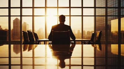 Business executive seated at a conference table, gazing out a large window at the city at sunset.