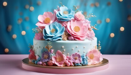 beautiful photorealistic image of sweet cake adorned with pink and blue frosting featuring delicate floral decorations that evoke sense of joy and celebration