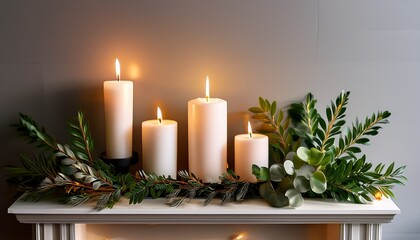 beautifully arranged candles on a stylish mantle with greenery accents for a cozy atmosphere