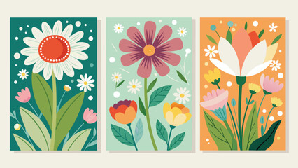 Spring Holiday Floral Card and Poster Set with Hand Drawn Wildflowers Tulips and Daisies, Vector Templates for Women’s Day, Mothers Day, Easter, Birthday, and Seasonal Decoration