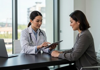 Professional medical consultation doctor explains treatment plan to patient while reviewing digital health records on tablet