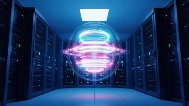 Global Network Data Center: Secure Server Room with Holographic Sphere
