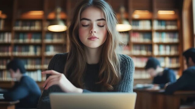 Focused young woman studying on a laptop in a library with shelves of books in the background