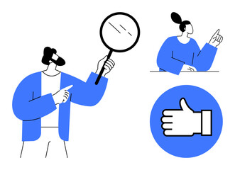 Man with magnifying glass pointing, woman gesturing thoughtfully, thumbs-up icon for approval and success. Ideal for teamwork, evaluation, approval, research, feedback, guidance simple landing page