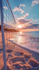 Fototapeta premium Beach volleyball net catches golden sunset wallpaper