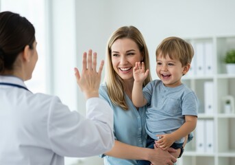 Joyful mother and child receive a high five from a kind doctor during a positive healthcare consultation experience