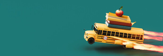 School bus with airplane wings and school accessories taking off. Back to school concept design on green background with copy space. 3D Rendering, 3D Illustration