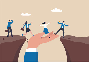 Support of help to solve problem, manager mentorship or coaching to help team success, leadership to guide employee to achieve goal concept, giant hand help business people cross the problem gap