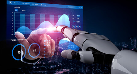 A sleek robotic hand points to a dynamic digital dashboard displaying data metrics, insights, and trends in a high-tech urban setting. Impute