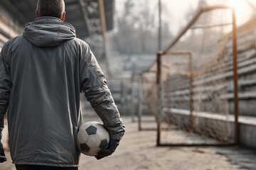 A soccer player, seen from behind, walks towards a goal at sunset, carrying a football under his arm. The scene evokes reflection and dedication after a game or practice.