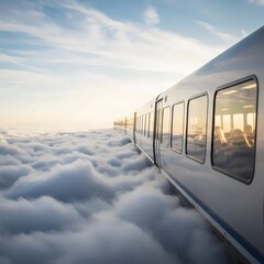 Epic Cloudscape Adventure: Bullet Train Speeding Through Misty Mountains at Dawn