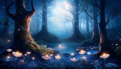 enchanted nighttime landscape of a mystical forest filled with fantasy and fairy tale elements